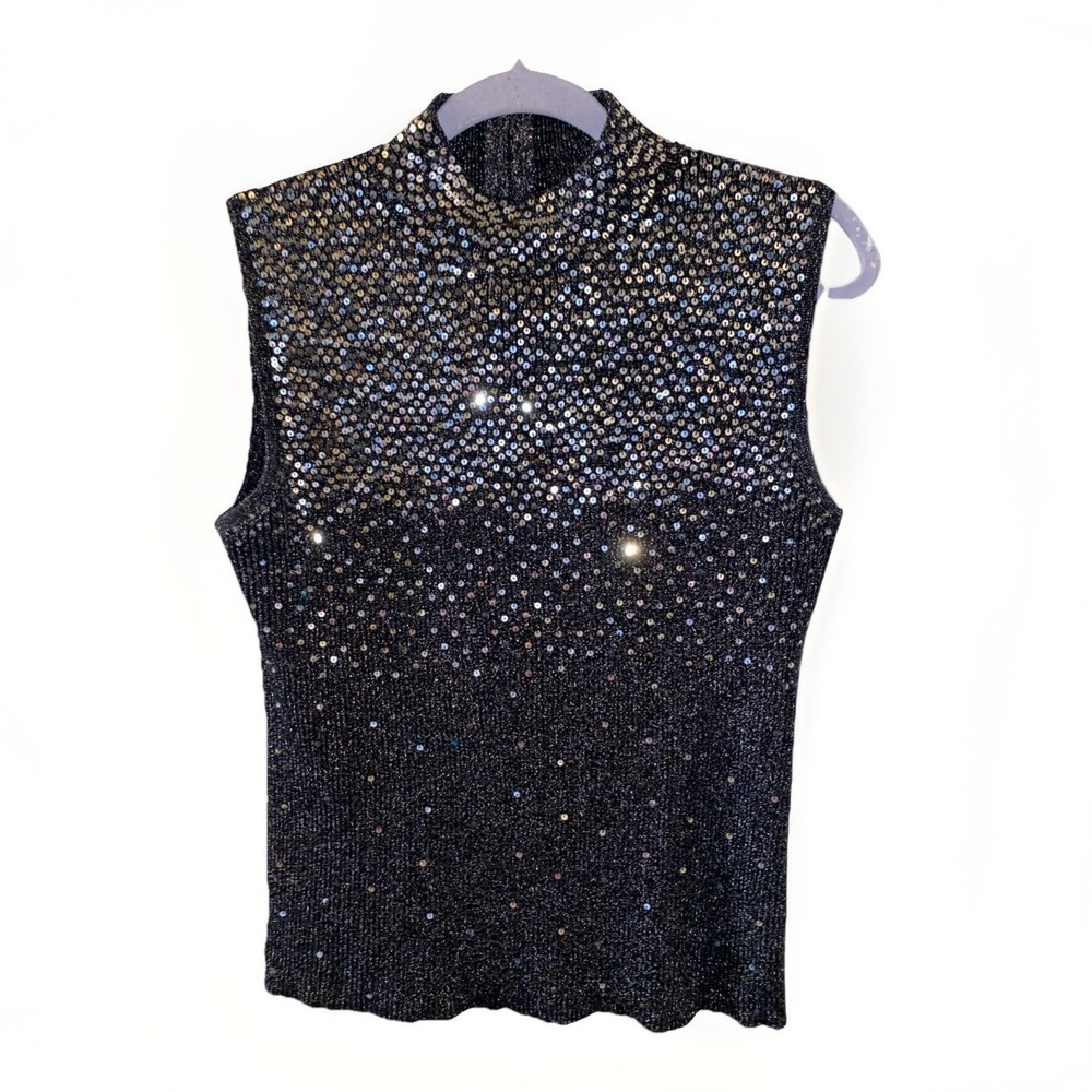 23rd & Co Sequin Sleeveless Mock Neck Top Black Metallic Large Sparkle Party